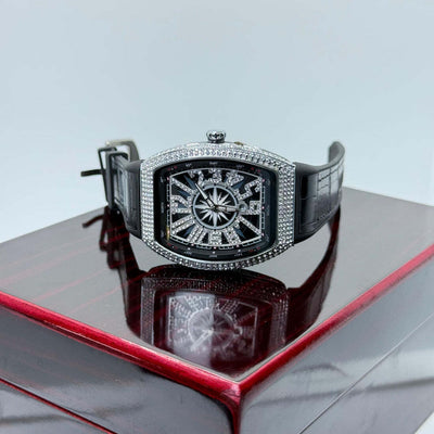 FM Black leather strap with white diamond watch